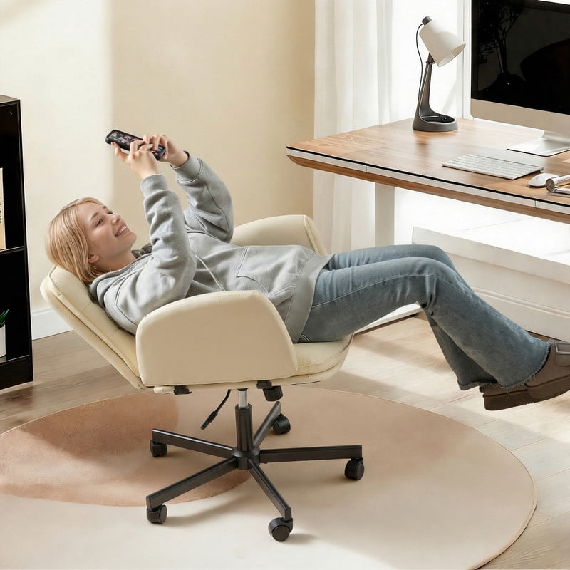 Homall Cross Legged Chair with Armrests and Wheels, PU Leather Vanity Chair, Adjustable Swivel Computer Office Chairs for Home Office, Make Up, Beige