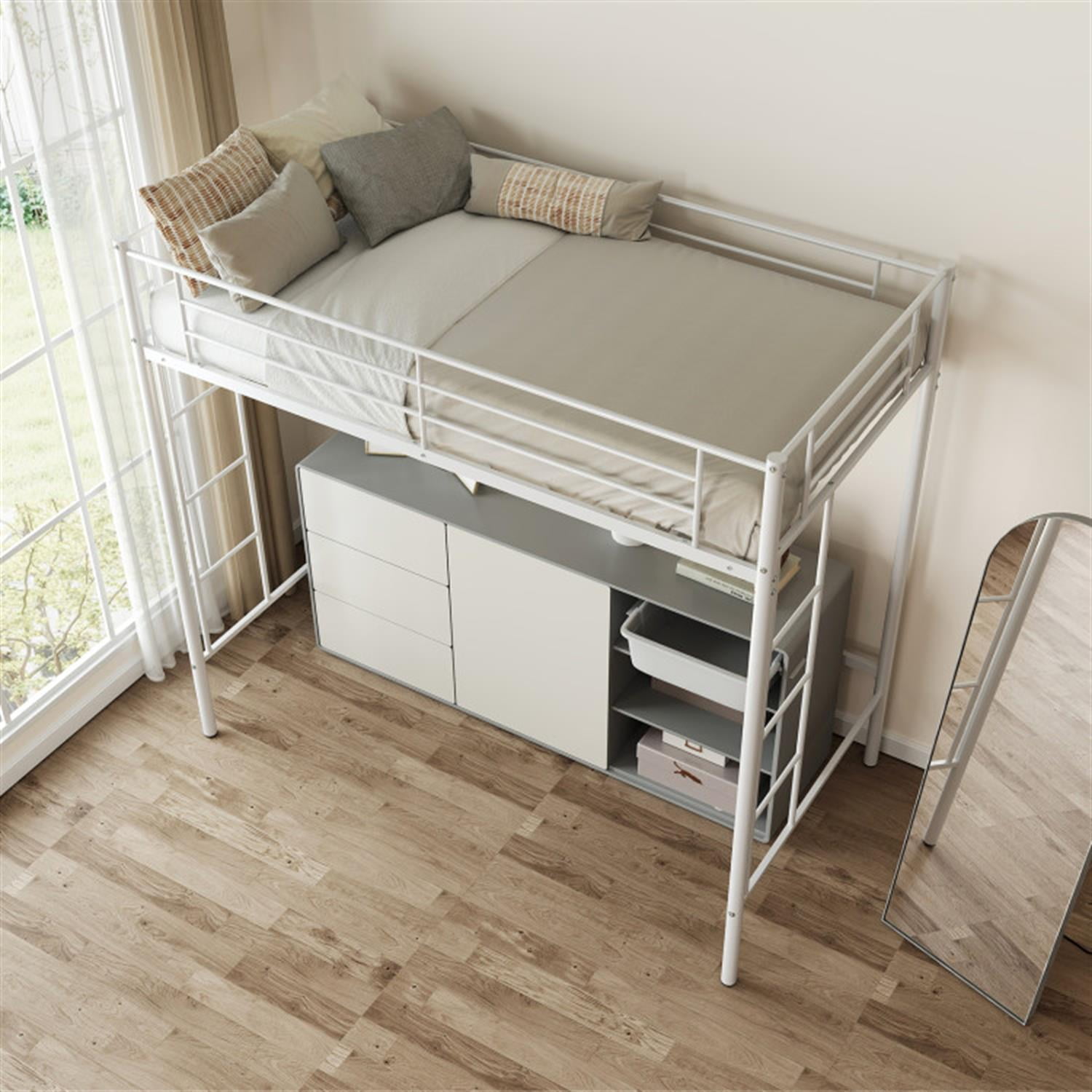 Demi Bonn Metal Twin Loft Bed Frame with 2 Ladders Full-length Guardrail for Teens, White