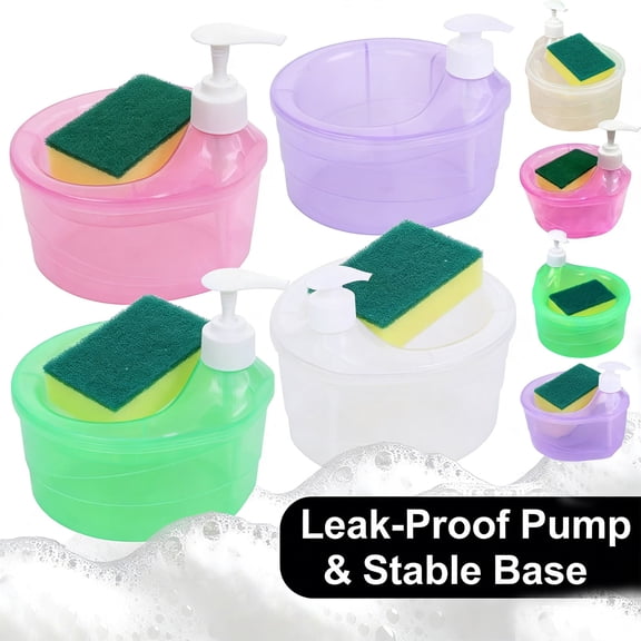 2-in-1 Dish Soap Dispenser with Sponge Holder | Press-Type Kitchen Counter Organizer, Leak-Proof & Space-Saving | Large Capacity Soap Dispenser Bowl for Sink - Pink-2PC