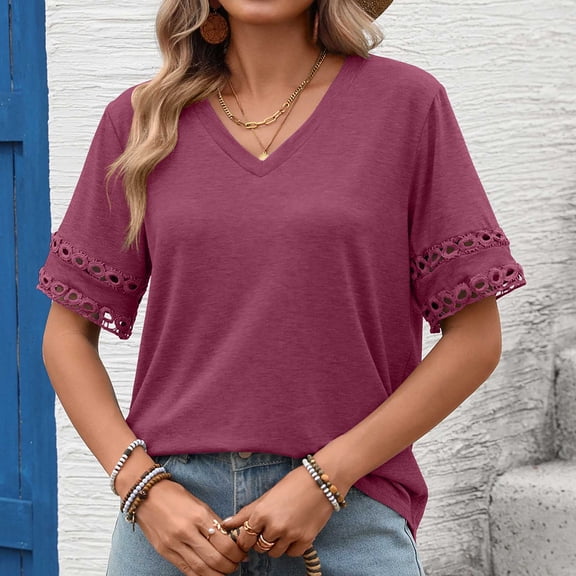QUNYINEY Summer Casual T Shirts for Women Red Short Sleeve Cotton Shirt V Neck Pullover Relaxed Fit Lace Tops