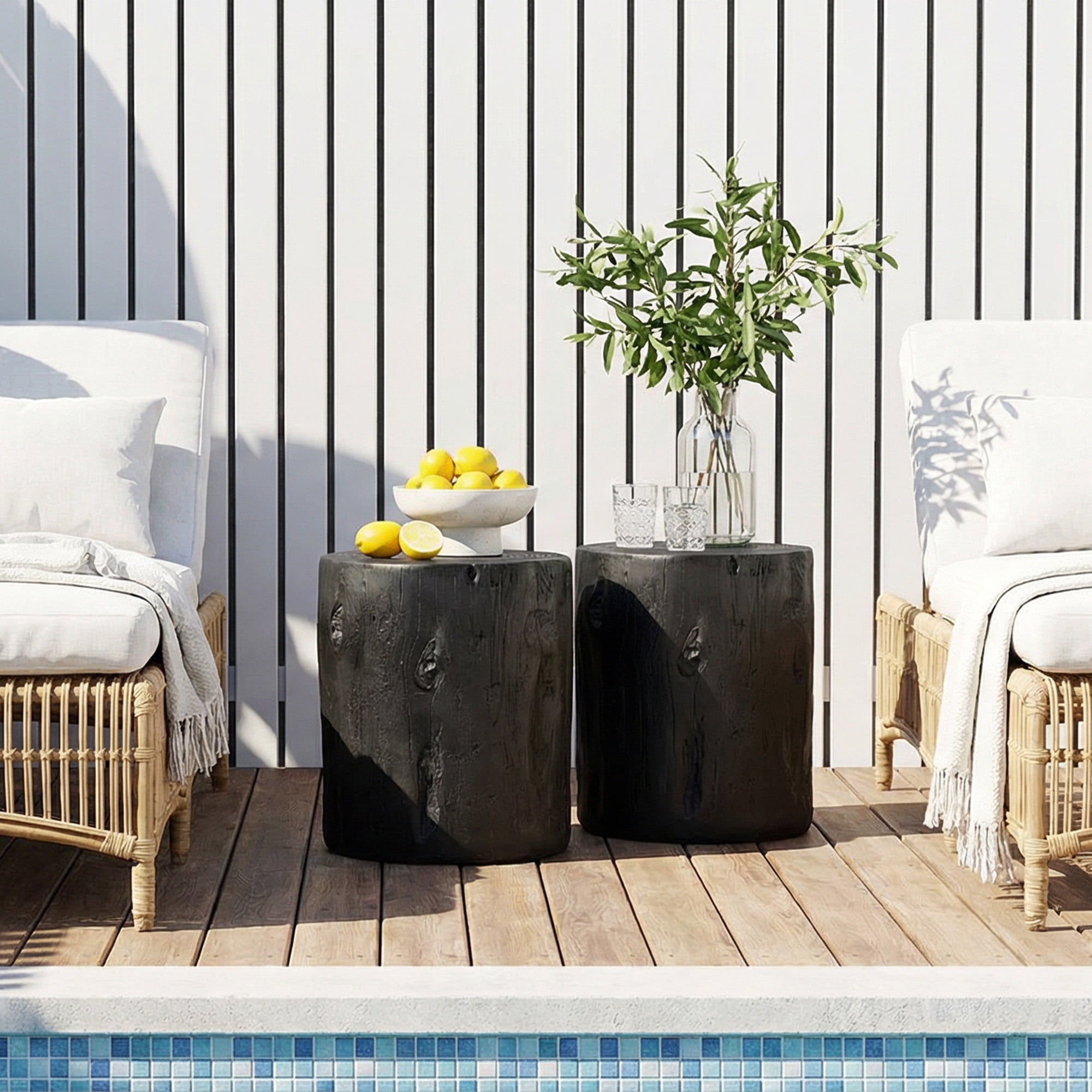 VENTOPYR Painted Black Concrete End Table,Faux Wood Tree-Trunk Stool