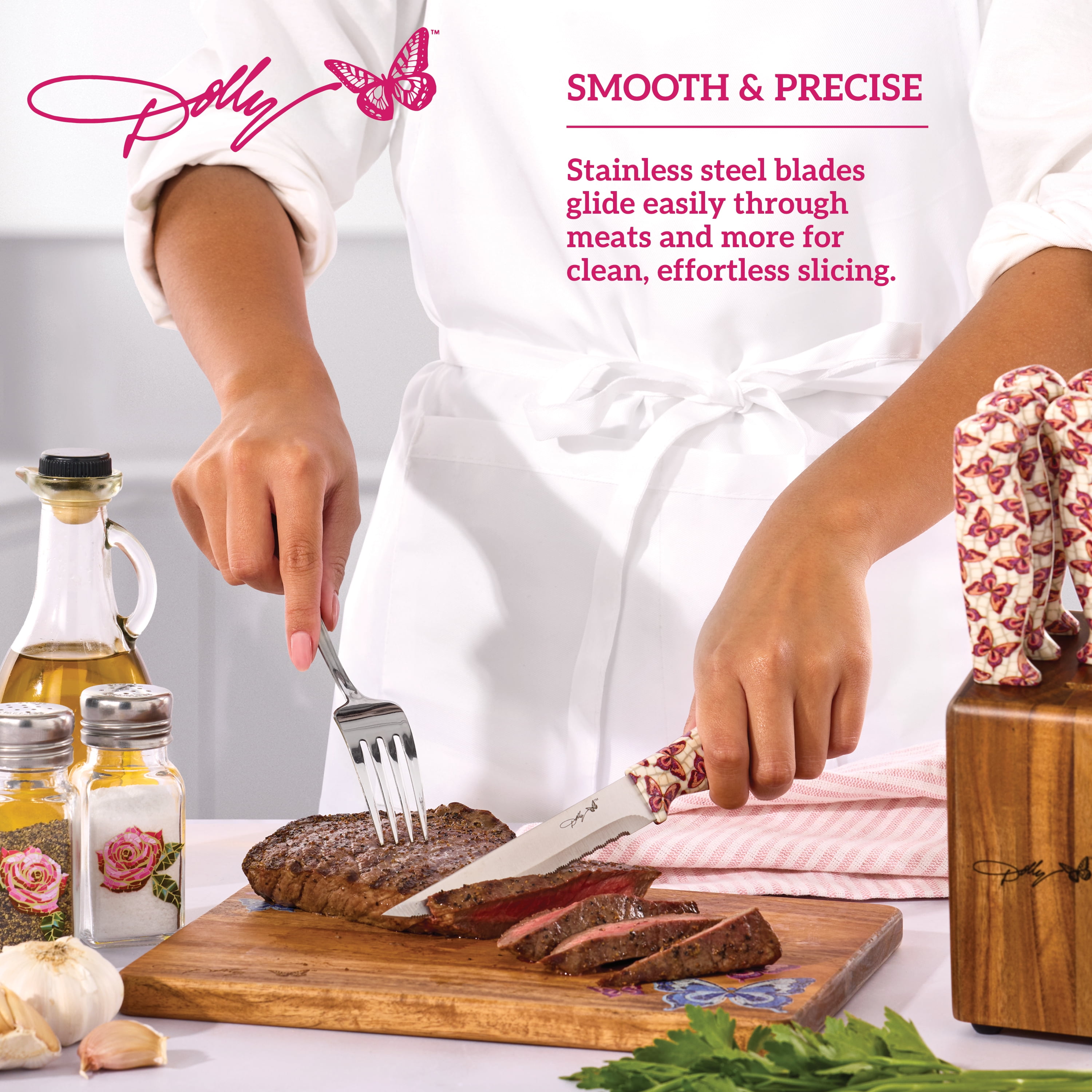 Dolly Parton 7-Piece Steak Knife Set with Pink Handles and Acacia Block for Storage