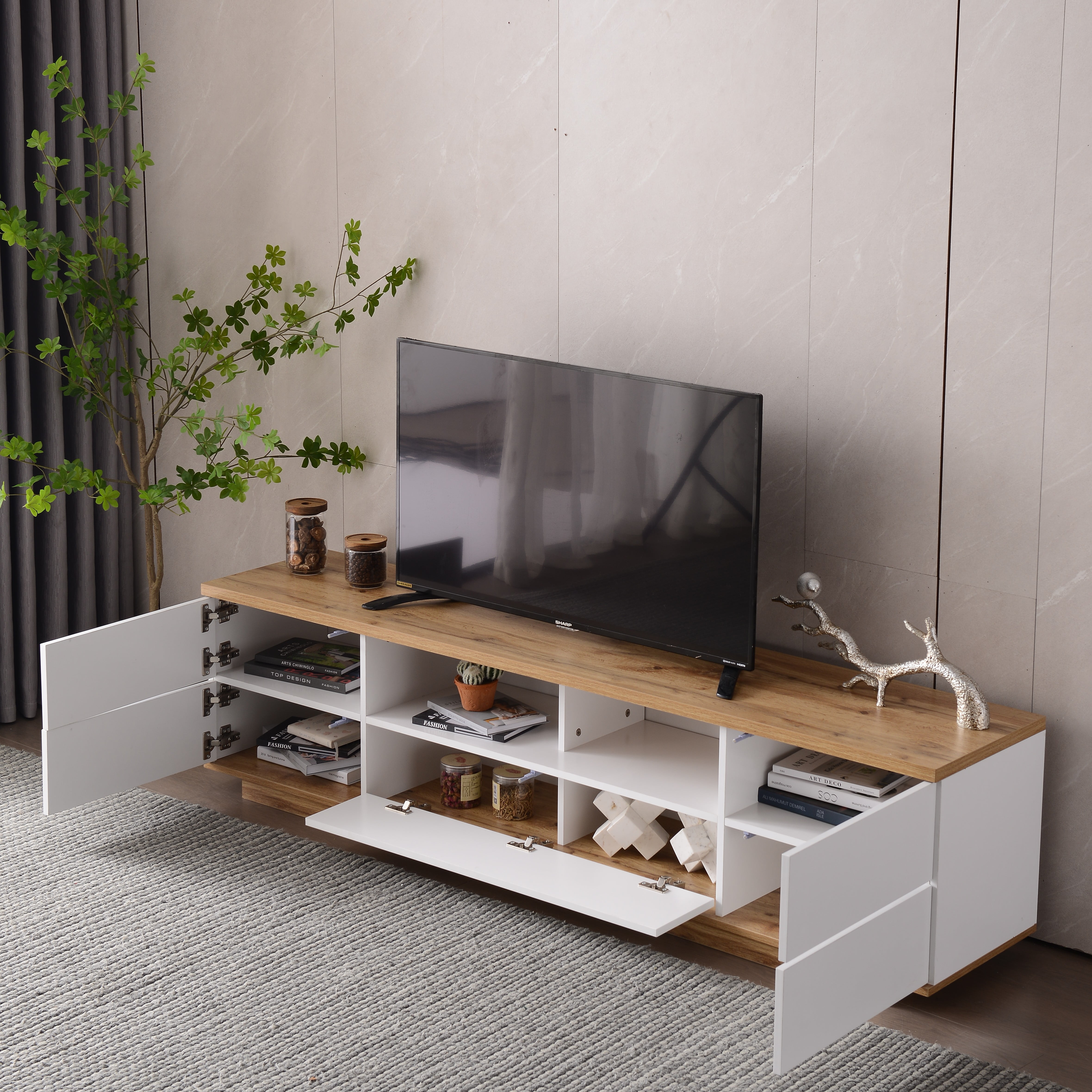 Aukfa TV stand for TVs up to 80" with Door Rebound Device for Living Room Bedroom,White