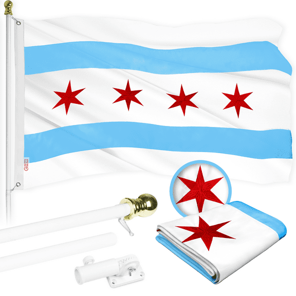 G128 Flag Pole 5 FT White Tangle Free & Chicago Flag 2x3 FT Combo Embroidered 300D Polyester