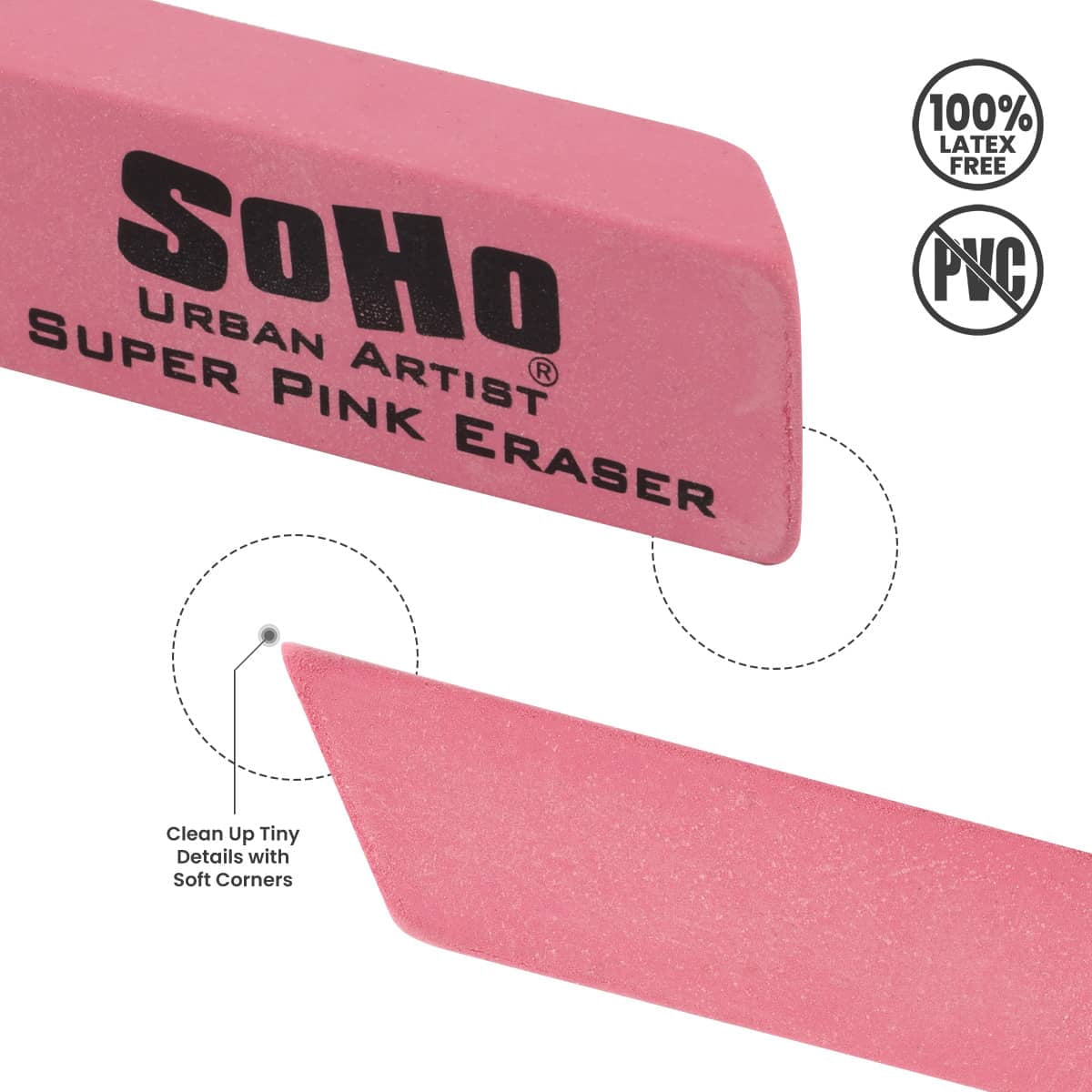 SoHo Urban Artist Super Pink Eraser for Drawing & Sketching - 50-Pack,  Latex-Free PVC-Free Rubber Eraser for Graphite Pencil, Clean Smudge-Free Erasing for Artists, Drafting & Illustration