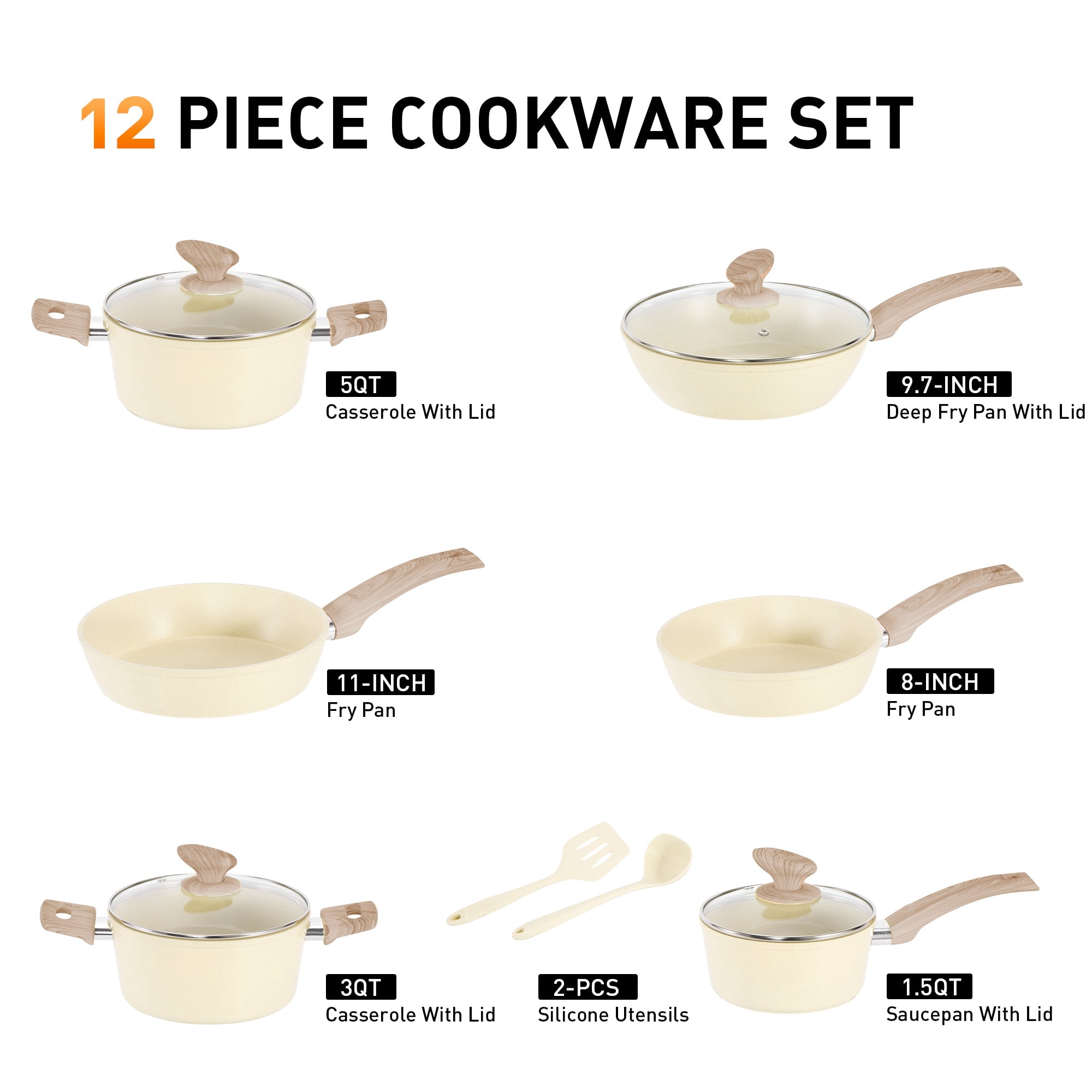 Sophia & William 12 Pieces Kitchen Nonstick Granite-Coated Cookware Set - Beige