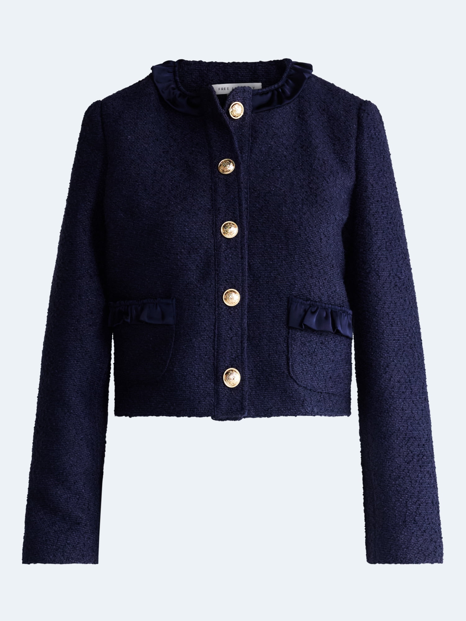 Free Assembly Women’s Ruffle Trim Nubby Jacket with Long Sleeves, Sizes XS-XXL