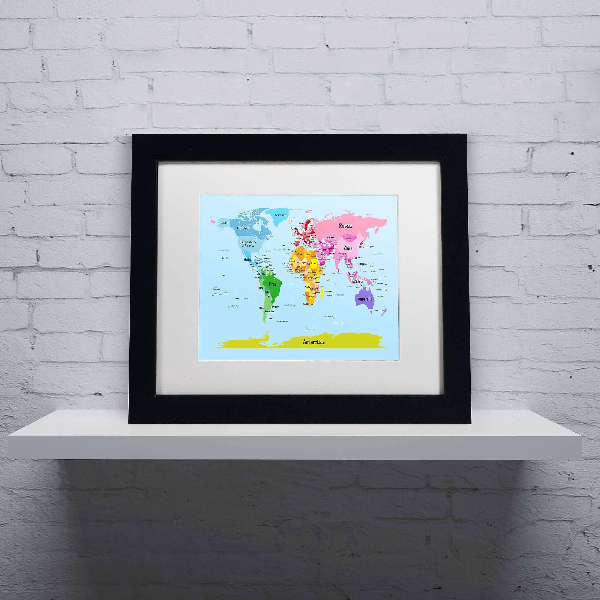 Trademark Fine Art "World Map for Kids" Canvas Art by Michael Tompsett, White Matte, Black Frame