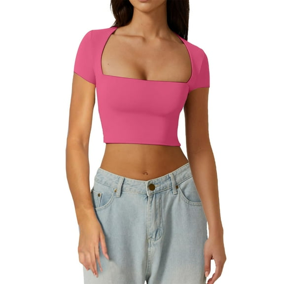 UJNDER Womens Square Neck Open Umbilical Top Short Sleeve Slim Fit Short T Shirt Crop Tops for Women Hot Pink S