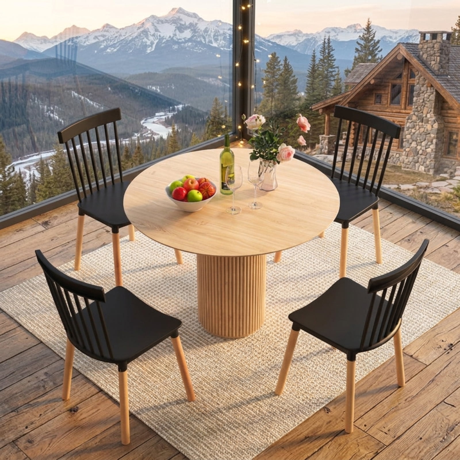 Furnibear Set of 4 Windsor Dining Chairs with Spindle Backs and Curved Seats for Kitchen Dining Room Living Room Home, Black