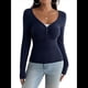 thumbnail image 1 of Camisa de Larga para Mujer, Cuello en V, Botones, Punto Acanalado, Corte Entallado, Informal, Básica, para y Otoño Azul M, 1 of 10