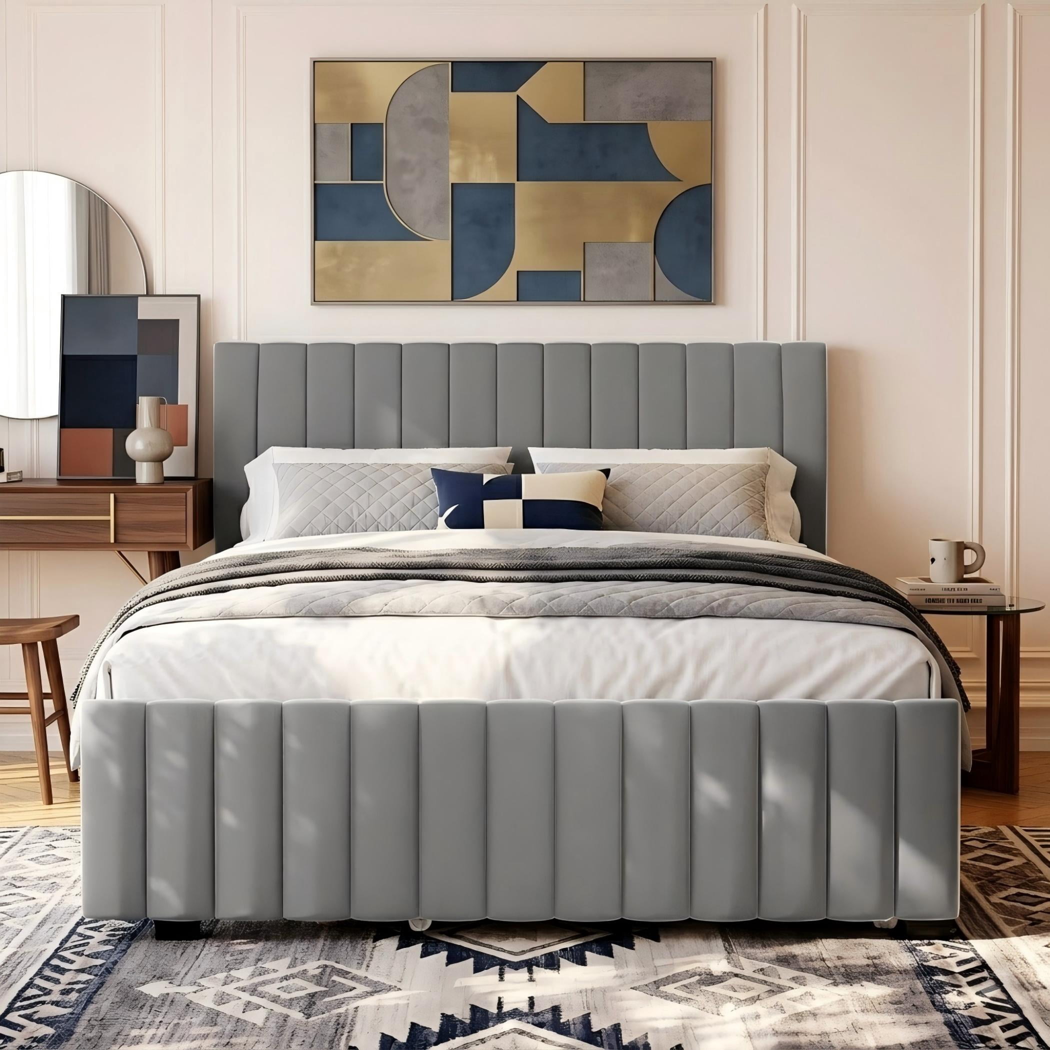 Aukfa Queen Size Upholstered Bed Frame with Twin XL Trundle, Velvet Tufted Headboard & Footboard, Gray