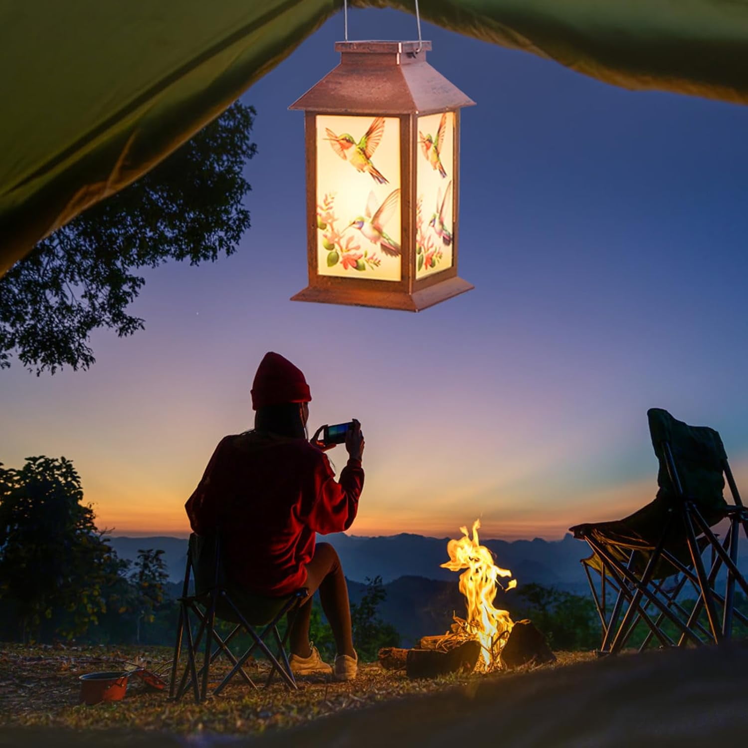 Hummingbird Solar Lantern House - Waterproof Hanging Wind Chimes Garden Lights | Geometric Cutouts, Auto On/Off Warm White for Patio/Yard/Pathway