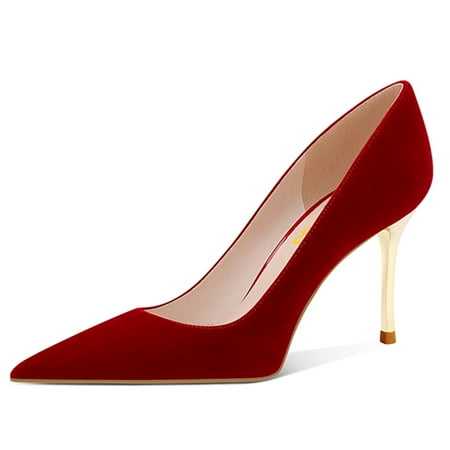 FSJ Women Graceful Pointy Closed Toe Slip On Pumps Shiny Glitter High Heel Sexy Banquet Formal Event Bridal Dress Shoes Size 10.5 Red