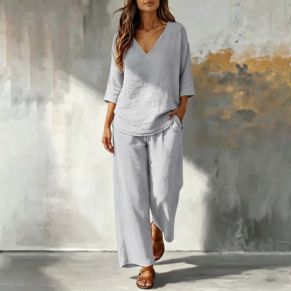 Cagogo Women Plus Size V Neck 3/4 Sleeve T Shirt Wide Leg Pants Two Piece Set Solid Boho Lounge Wear Casual Loose Outfits Spring Summer Travel Clothes, Gray 3XL