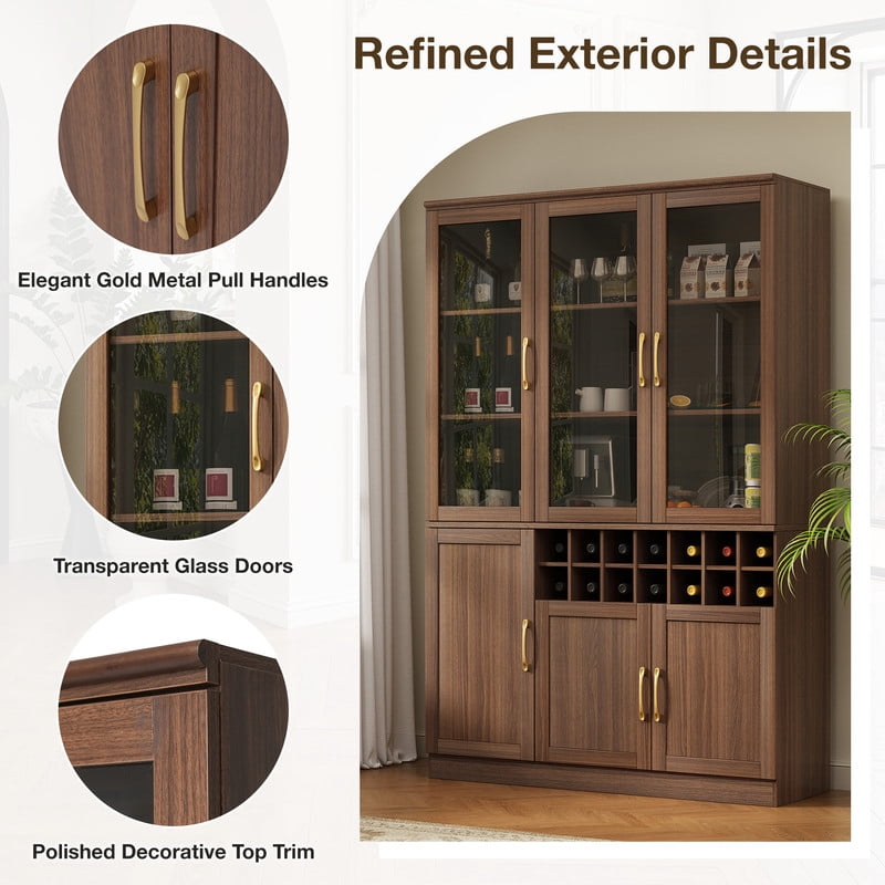 70.87" Tall Home Bar Cabinet with Glass Doors, Storage Cabinet with Removable Wine Cubbies, Kitchen Pantry with Adjustable Shelves