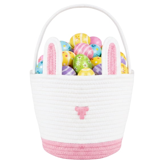 PinkSheep Easter Basket, Small Woven Easter Bunny Gift Storage Basket Rabbit Baskets Empty with Plastic Wrap Bag & Ribbons, Pink