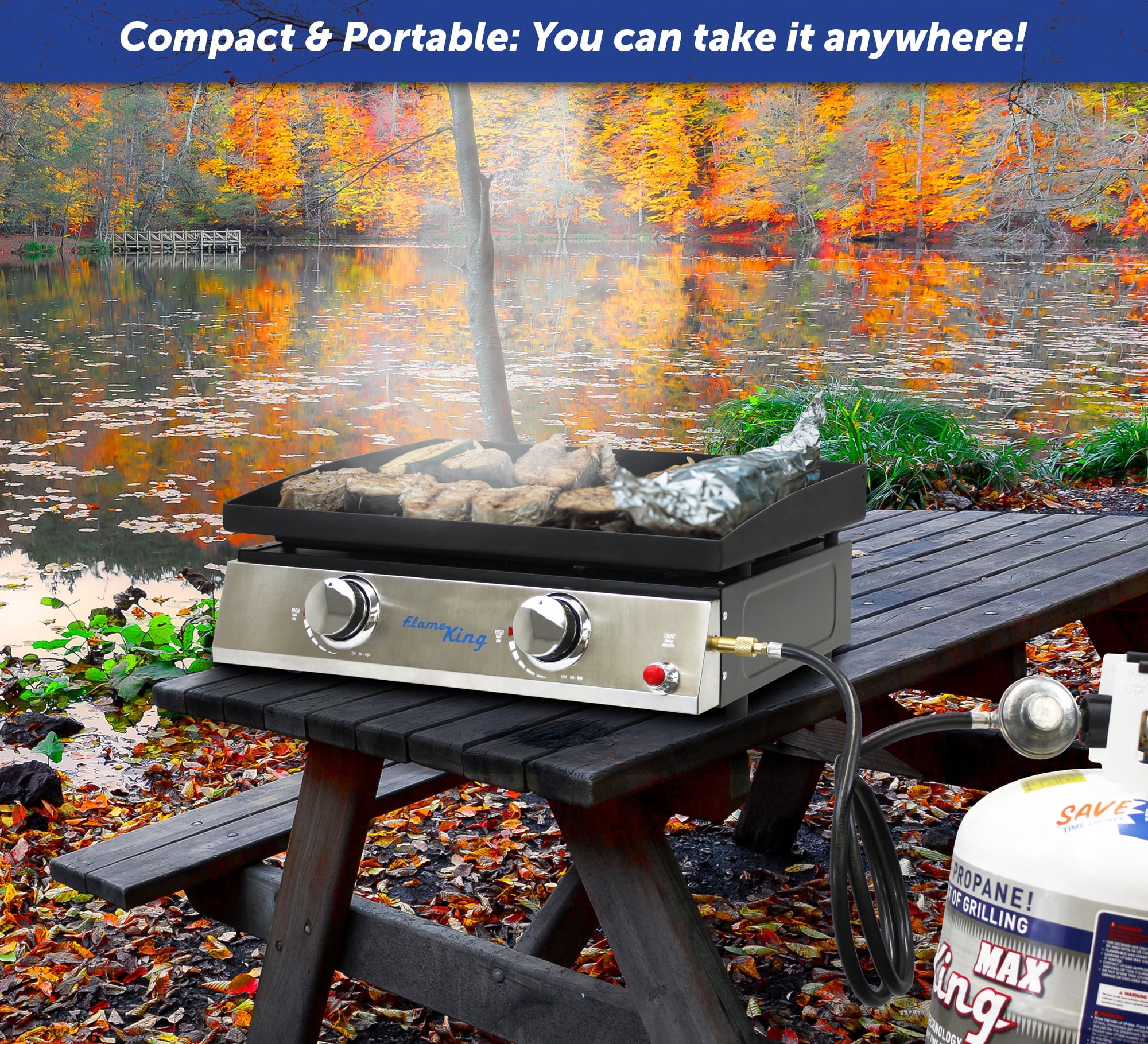 Flame King 2-Burner Propane FlatTop Tabletop Cast Iron Grill Griddle for Outdoor Cooking