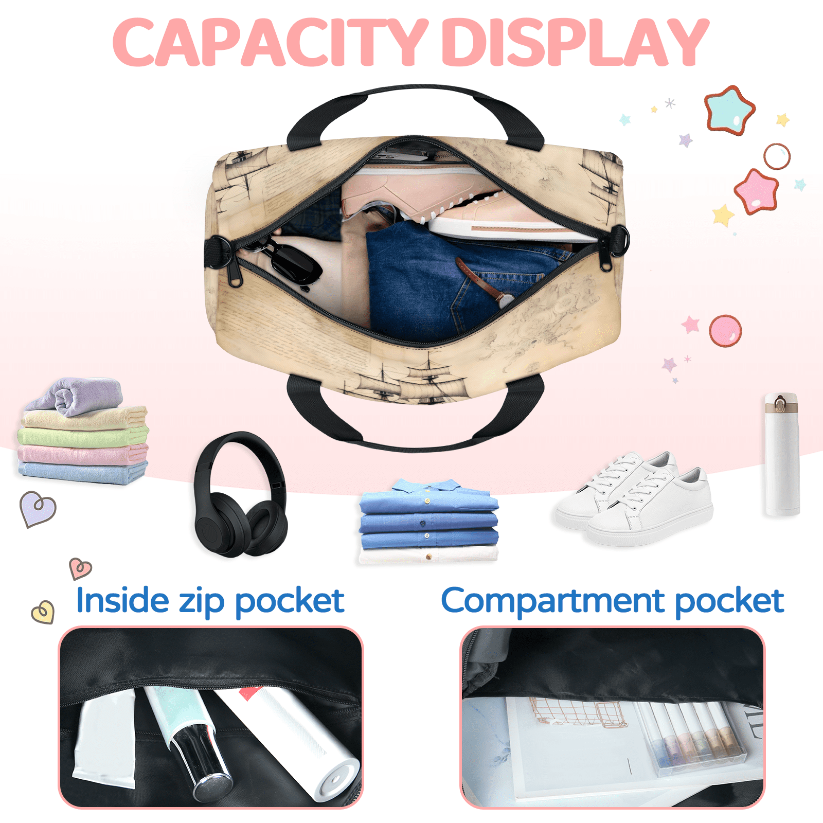 Herdesigns Nautical Ocean Pirate Ship Gym Bag for Women, Duffle Bag for Travel Sport, Lightweight Waterproof Carry on Weekender Overnight Dance Yoga Workout Bags