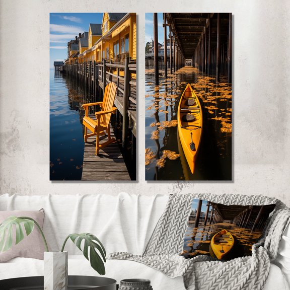 Designart "Reflective Moments at the Pier I" Coastal Pier Wall Art Set Of 2 - Coral Beach Gallery Wall Set For Home Decor