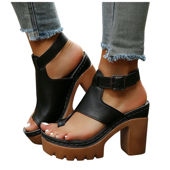 Rokment Platform Dressy Flip Flops for Women Ladies 2026 Fashion Casual Leather Buckles Ankle Strap Chunky Lug High Heels Comfortable Arch Support Dress Sandals Black Size 6.5