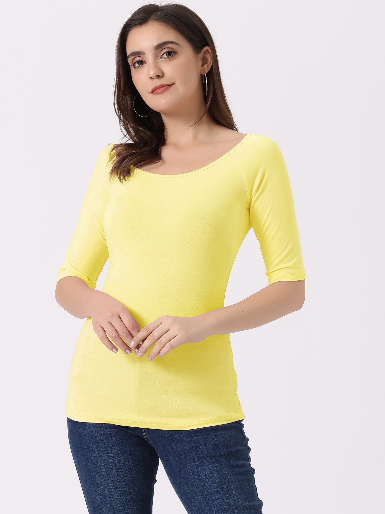 DARING DIVA Women's Slim Fit Pullover Boat Neck Stretchable T-Shirt XL Light Yellow