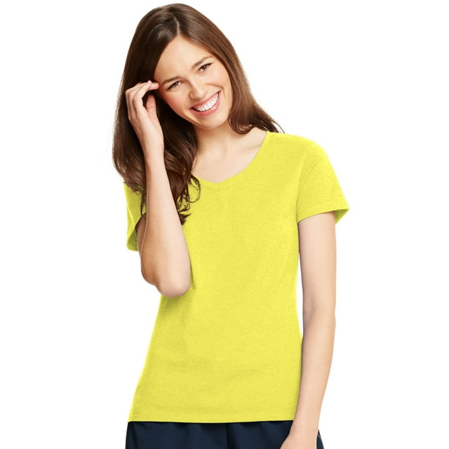 Hanes Womens X-Temp V-Neck T-Shirt, S, Neon Lemon Heather