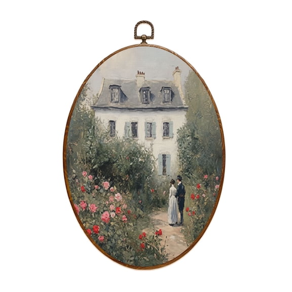 Country Canvas Wall Art Vintage Neutral Cottage Rose Garden Spring Rustic House Roses Garden Couple Oval Framed Canvas Prints Vintage Wall Hanging Decor for Home Decorations 8.6"x11.4"