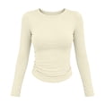 thumbnail image 4 of BLVB Womens Long Sleeve Basic Shirt Crew Neck Ruched Fitted Fall Tops Soft Stretch Undershirts Base Layer Clothing(Beige,Small), 4 of 9