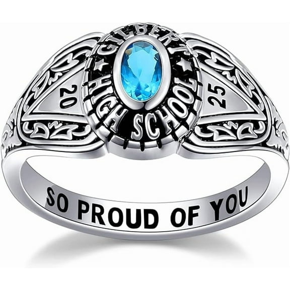 Custom Class Rings Cubic Zirconia Birthstone Rings Class Rings for Women High School Sterling Silver Rings Women's Class Rings Rose Gold Plated Rings Size 5-15 Graduation Rings for Women