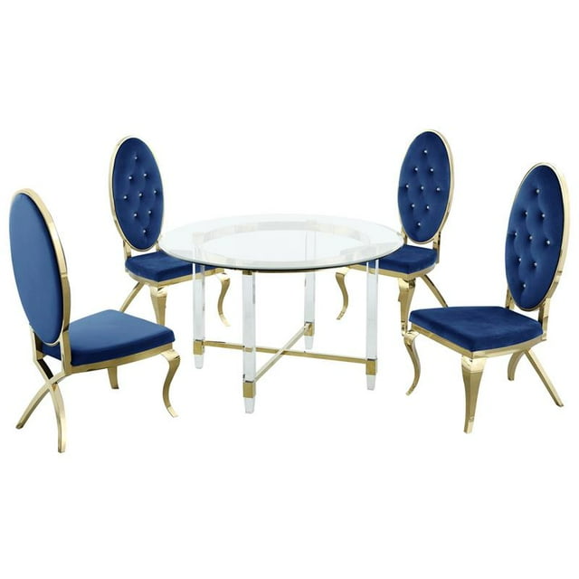 Set de 5 Pièces avec Table en Verre Circulaire et Accents en Acier Inoxydable Dorés