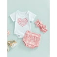 thumbnail image 3 of Bagilaanoe Newborn Baby Girls 3 Pieces Outfits Letter Print Pink Short Sleeve Romper Tops + Shorts + Headband 3 6 12 18 Months Summer Casual Set, 3 of 8