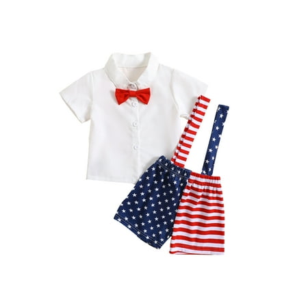

jaweiwi Baby Toddler Boys 4th of July Gentleman Outfits 3M 6M 12M 18M 24M 2T 3T Independence Day Short Sleeve Button up Shirt and Elastic Stars Stripes Suspender Shorts Clothes Set