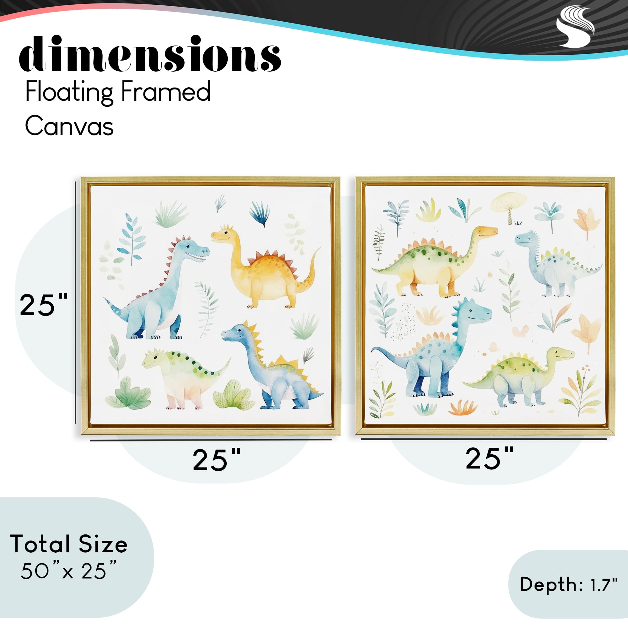 Stupell Industries Playful Dinosaur Wonders 2 Piece Gold Framed Floater Canvas Set, design by Lazar Studio