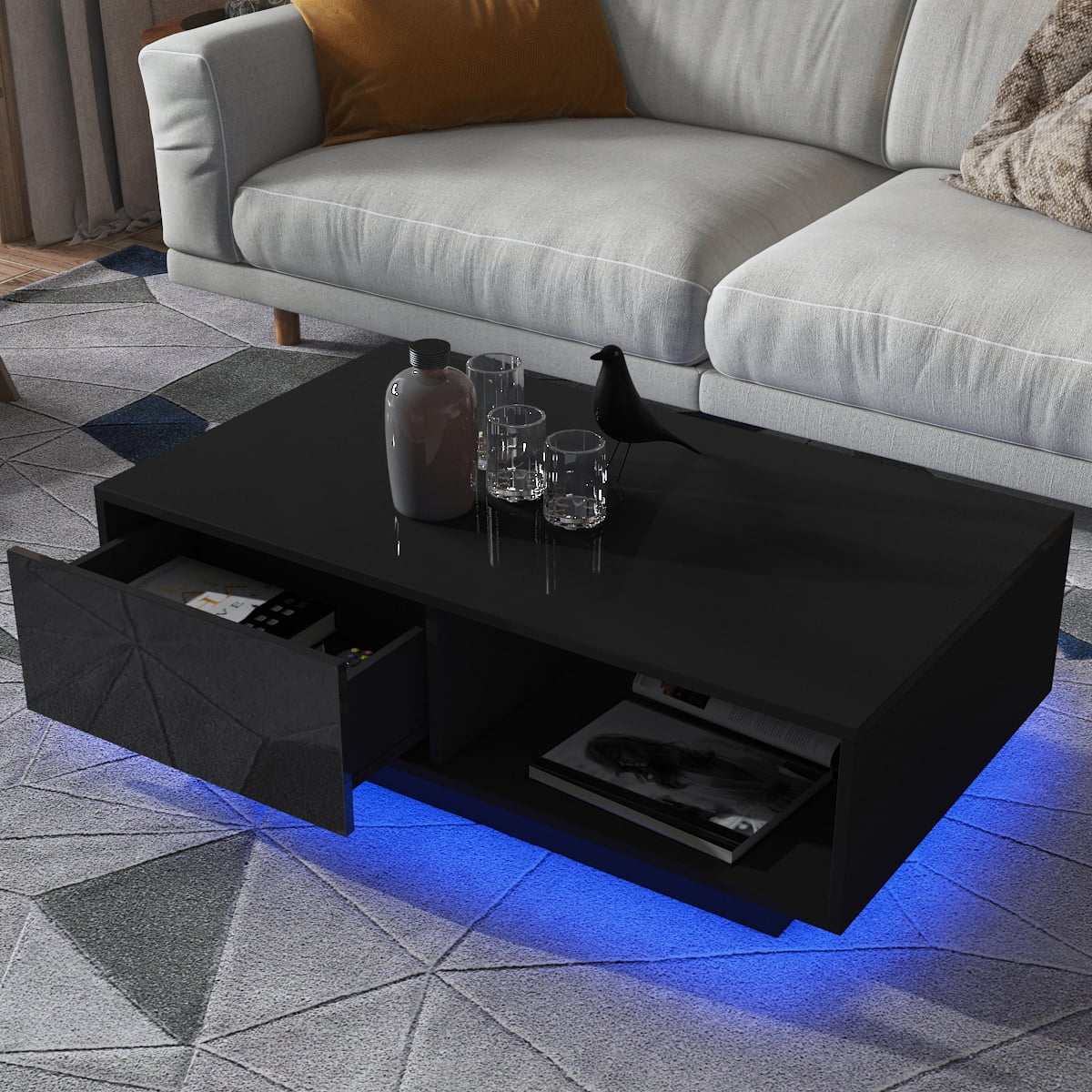 Hommpa LED Coffee Table Modern Side Tables High Gloss Black Cocktail Table with 2 Drawers Open Shelf for Living Room