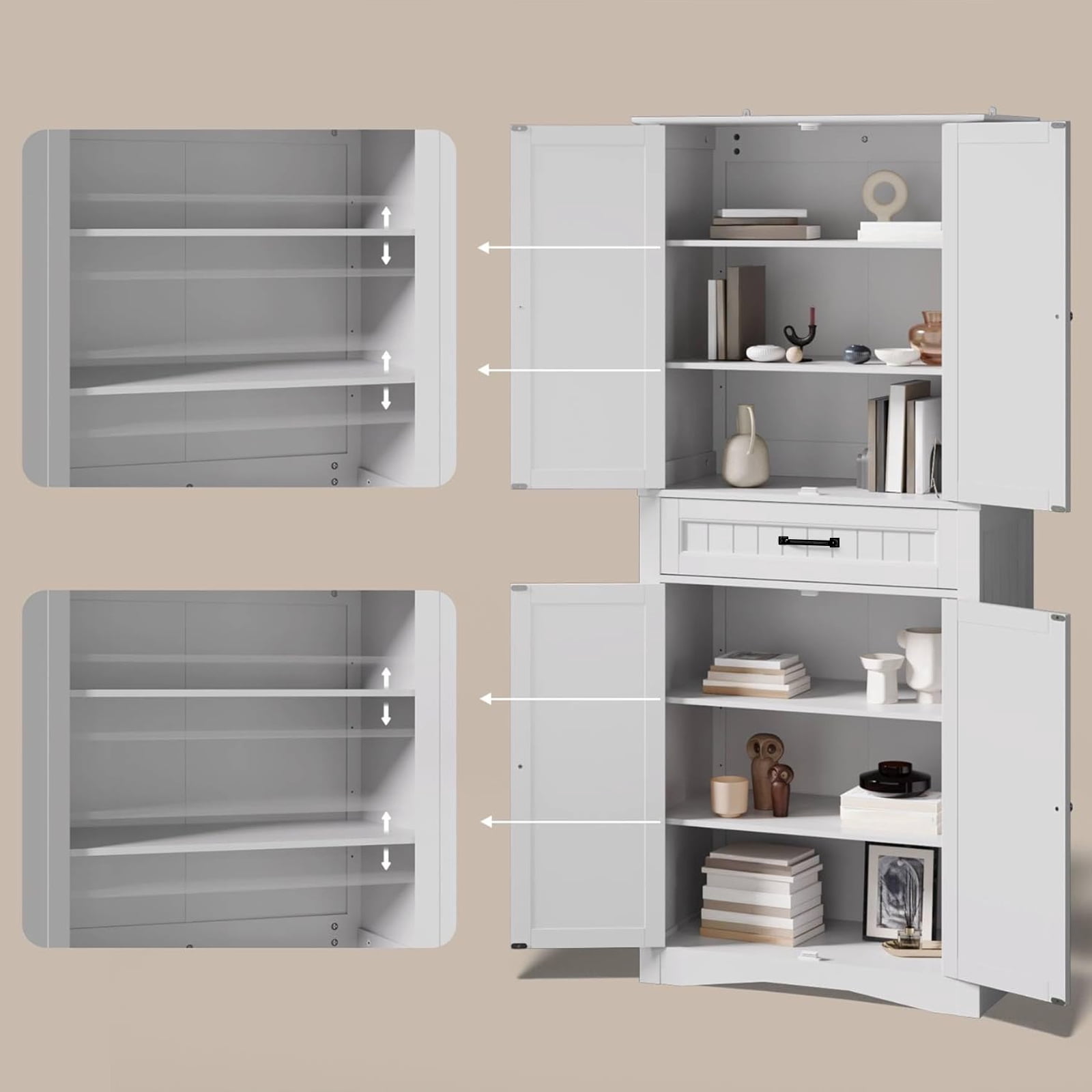 Aiho 71" Kitchen PantryStorage Cabinet with 4 Doors and 4 Adjustable Shelves, White