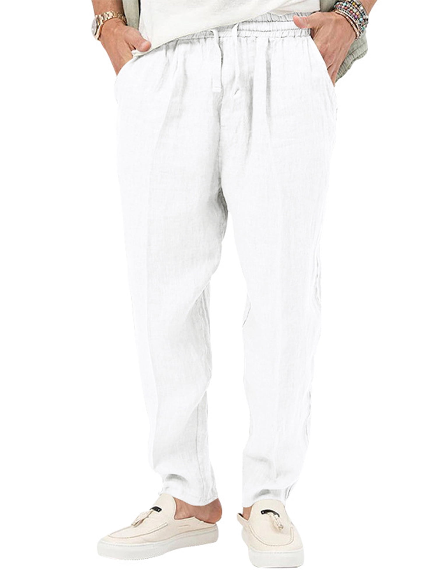 Innerwin Trousers Drawstring Men Bottoms Holiday High Waist Lightweight Summer Pants White 3XL