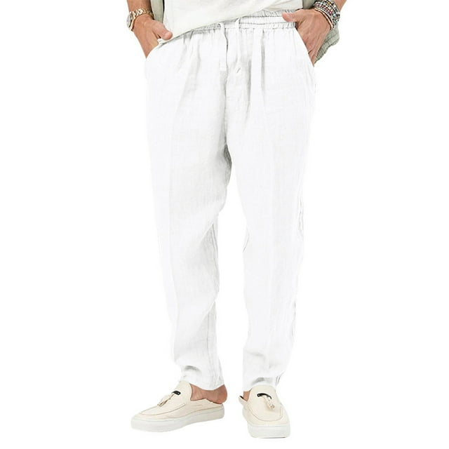 Innerwin Trousers Drawstring Men Bottoms Holiday High Waist Lightweight Summer Pants White S
