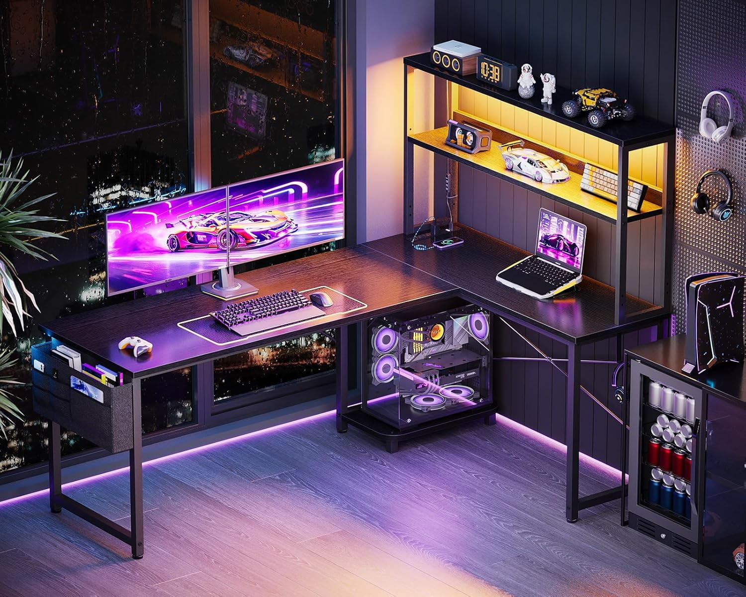 61 Inch L Shaped Desk with LED Lighting, Reversible Gaming Desk with Power Outlets, Cornor Computer Table with Storage Shelves & Bag & Iron Hook, Home Office Table for Writing, Study, Black