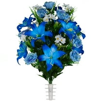 Sympathy Silks Artificial Cemetery Flowers Blue Lily and Rose with White Daisies
