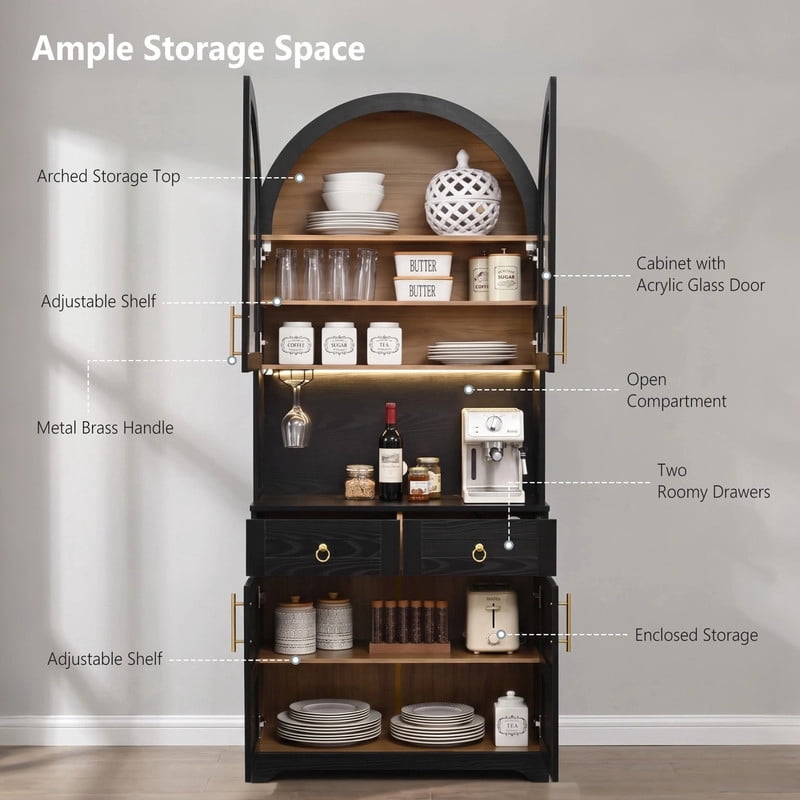 Arched Kitchen Pantry Cabinet with LED Light & Charging Station, Farmhouse Storage Hutch with 2 Drawers, Adjustable Shelves, Glass Doors, Coffee Bar Cabinet for Kitchen, Dining Room
