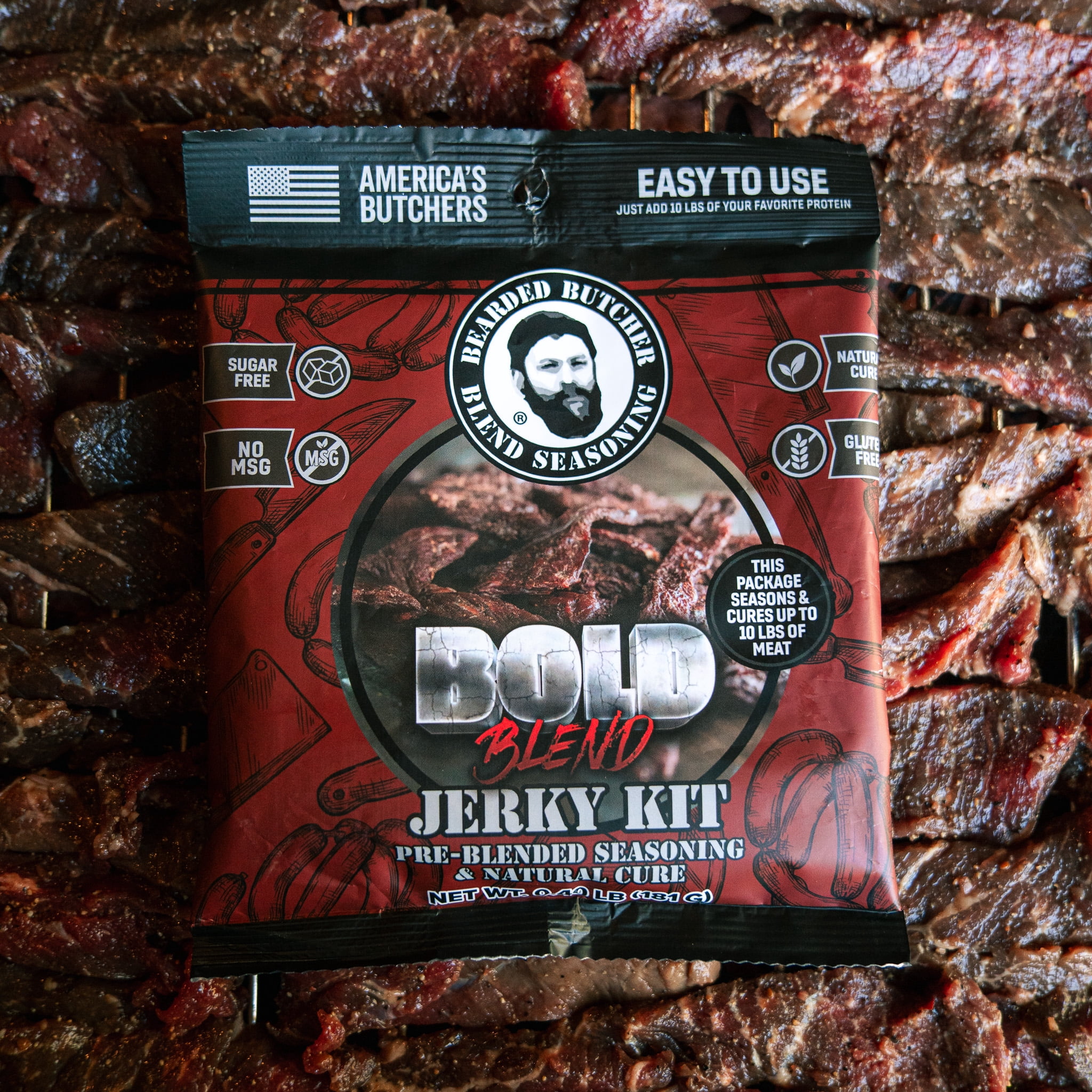 Bearded Butchers Bold Jerky Seasoning DIY Kit, Seasons 10 lbs of Meat, Includes Jerky Seasoning and Curing Salt