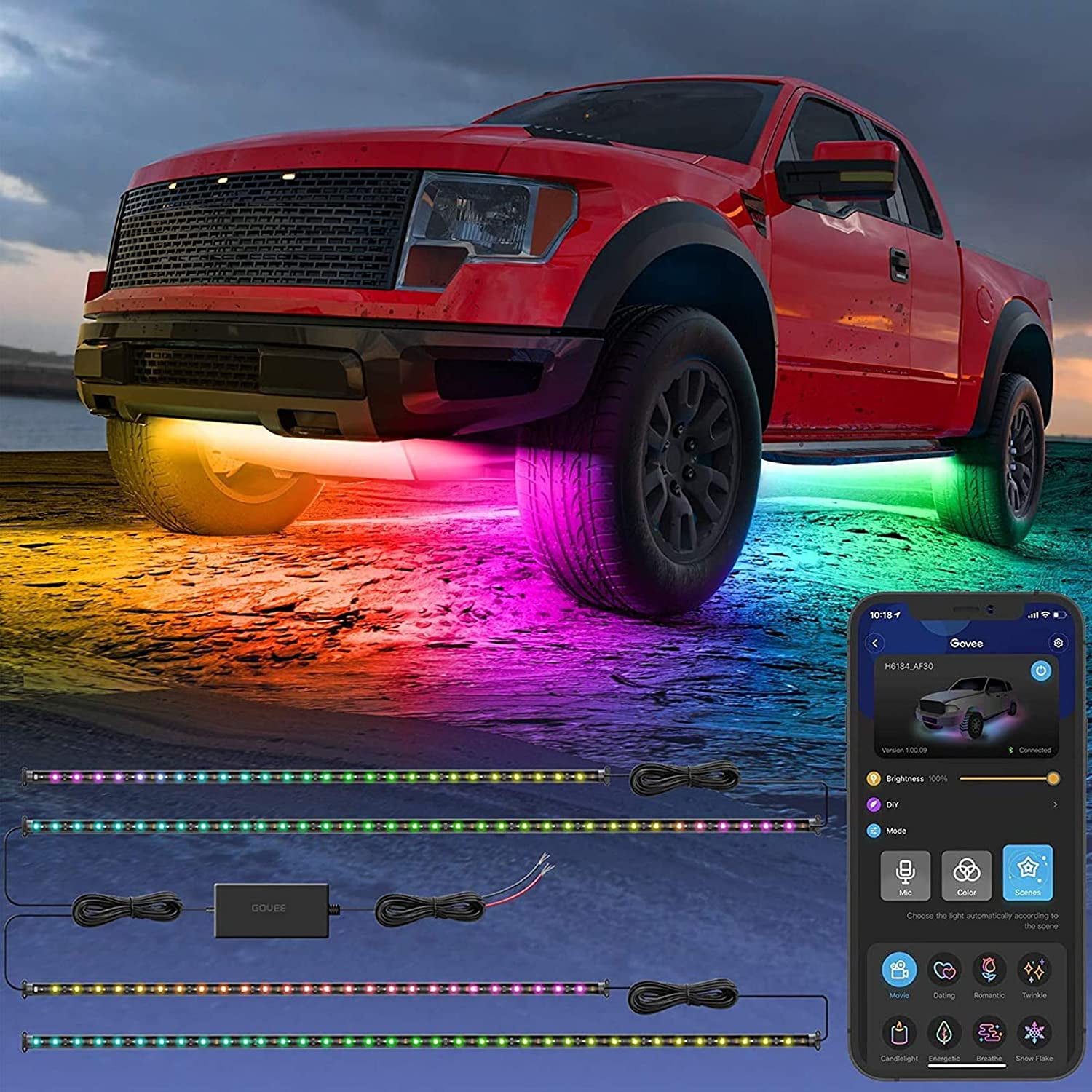 Trucks 2 Lines Design 7 Scene Modes DIY and Music Mode for SUVs DC 12V Jeep Exterior Car LED Lights 16 Million Colors FOVAL RGB Underglow Car Lights Waterproof with APP and RF Remote Control 