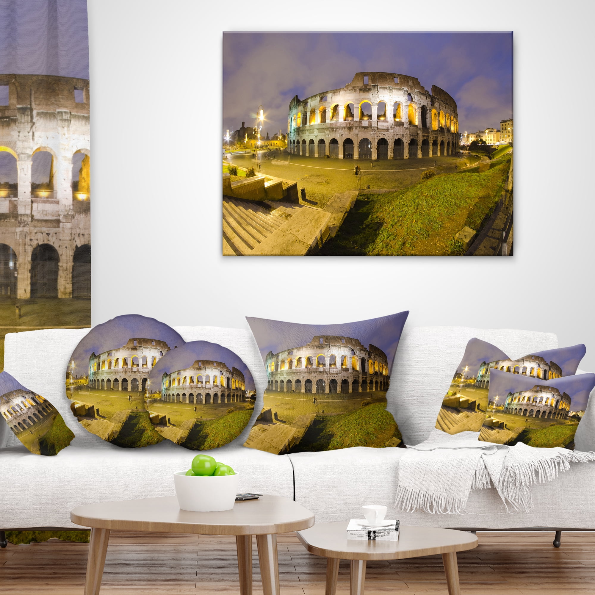 Designart Colosseum by Night - Landscape Monumental Throw Pillow - 12x20