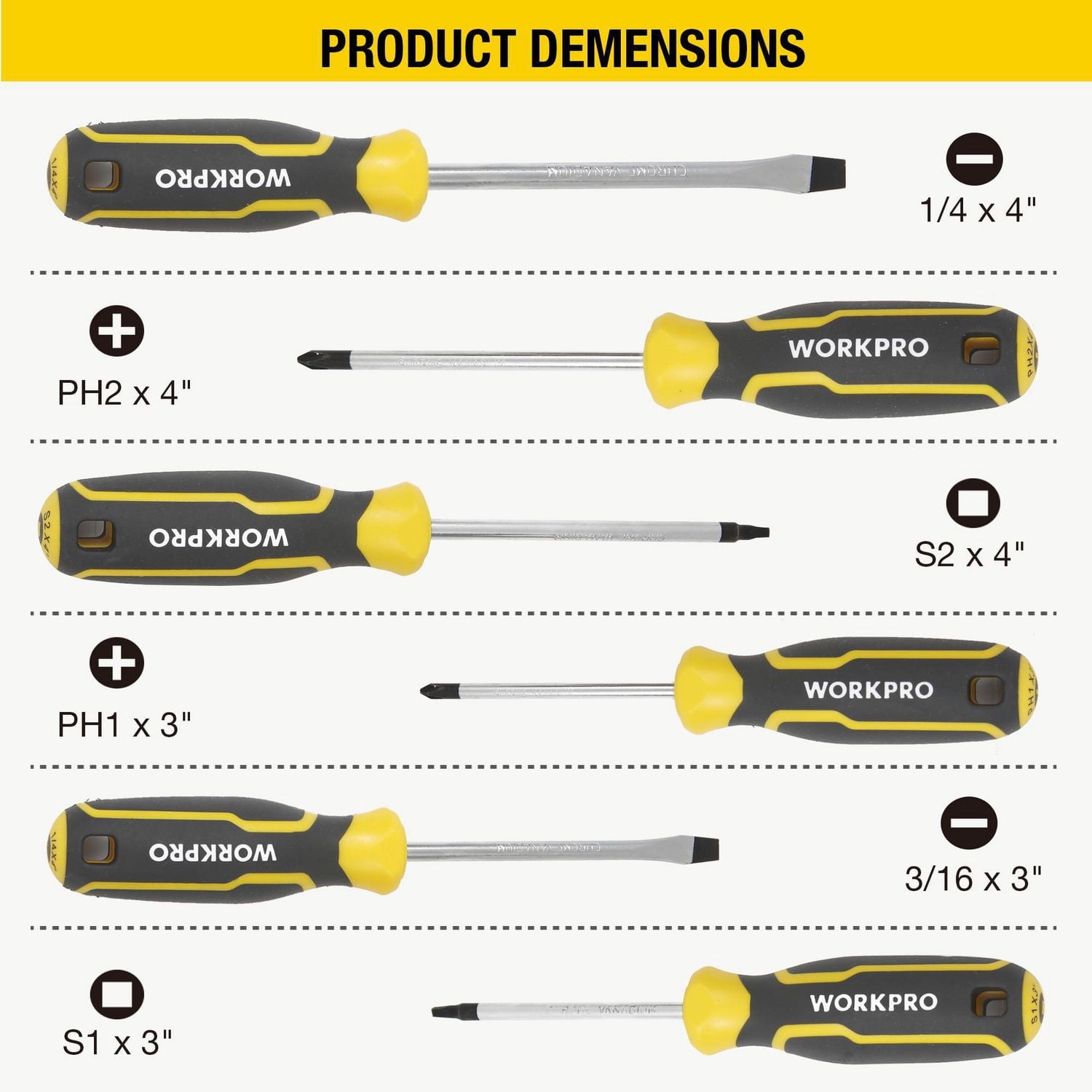 WorkPro Jeu de tournevis - 6 Pièces Poignée TPR antidérapante