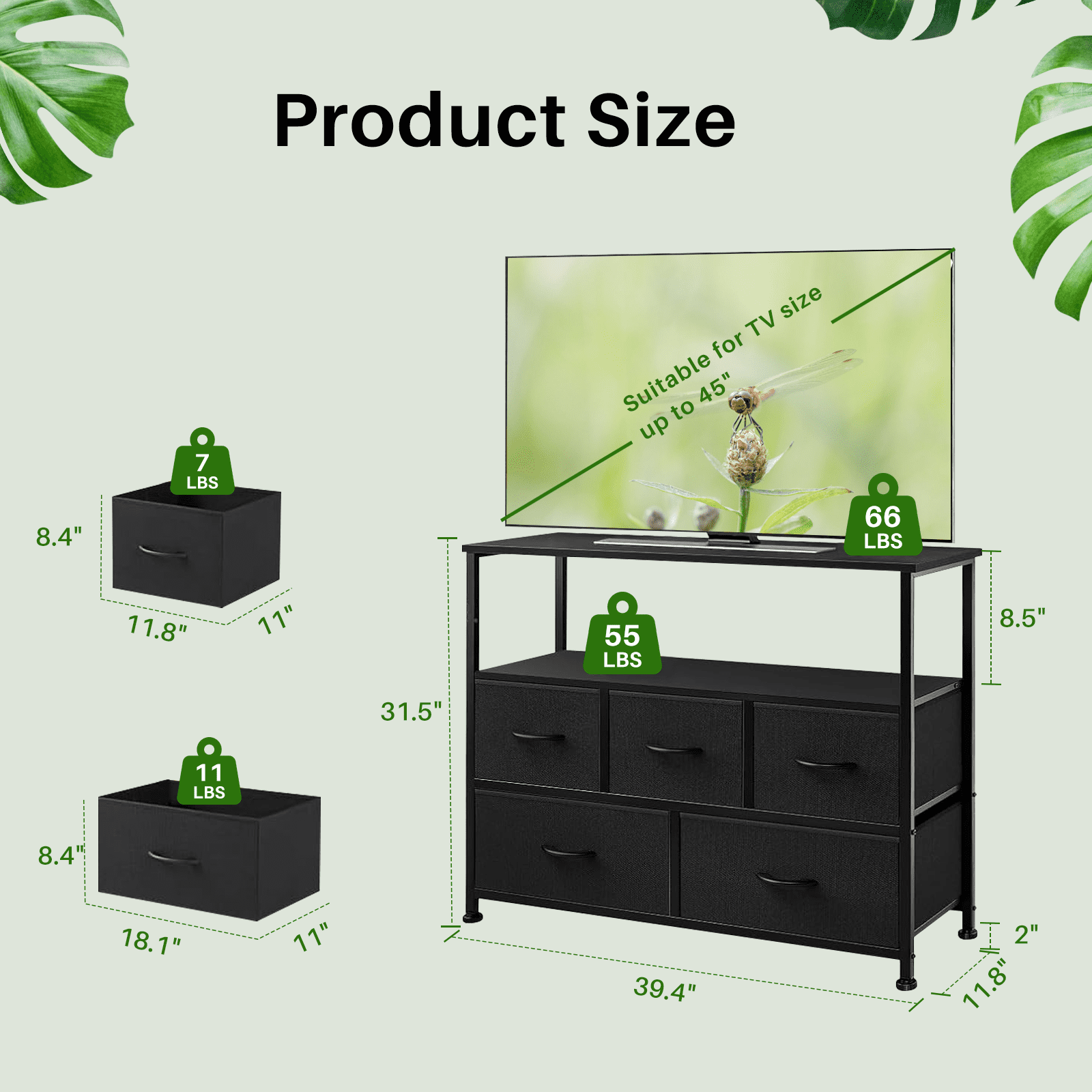 TINKLE WELL Storage dresser TV stand with 5 Fabric Drawers and Wood Open Shelf, Media Console Organizer for 45'' TV, Ideal for Living Room, Bedroom, or Apt, Black