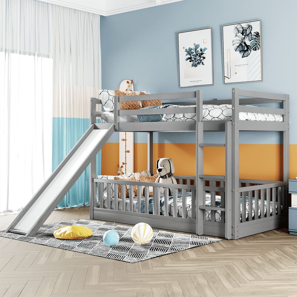 ASTARTH Bunk Twin Bed,Wooden Kids Beds with Slide,Queen Low Toddler