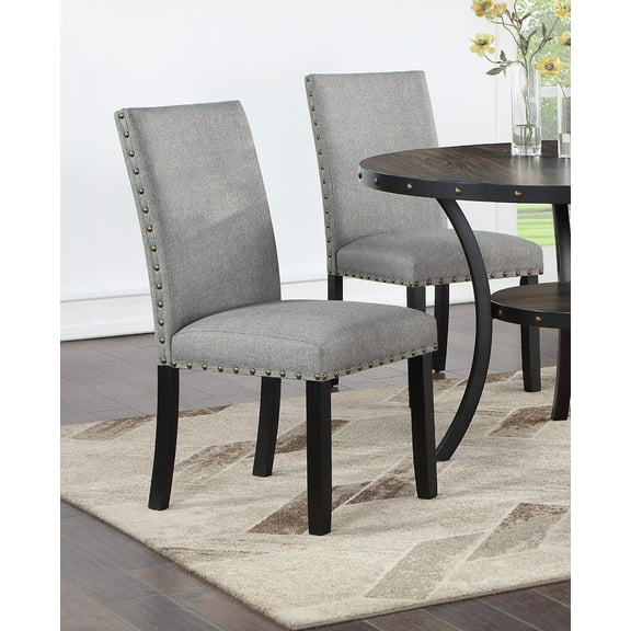 Modern Contemporary Set of 6pc Side Chairs Gray Fabric Cushion Upholstered Nailhead Trim Dining Room Chairs