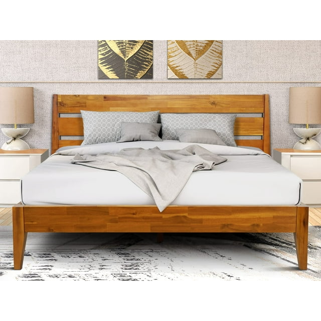 Acacia Emery Bed Frame with Headboard Solid Wood Platform Bed, Queen Size Bed Frame, Unique Design Contemporary Signature Wood Bed Compatible with All Mattresses, Non-Slip and Noise-Free, Caramel