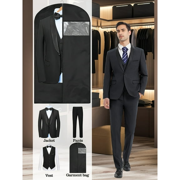 Beauty-Emily Men’s 3-Piece Tuxedo Suit with Jacket, Vest & Pants, Gift a suit exclusive dust bag, Classic Formal Style with Garment Bag – Perfect for Weddings, Proms & Special Events
